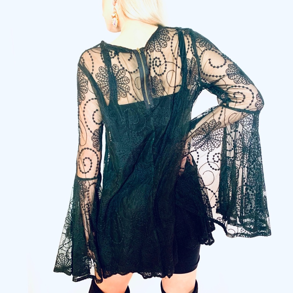 Love Stitch Black Lace Bell Sleeve Mini Dress - Picture 3 of 6